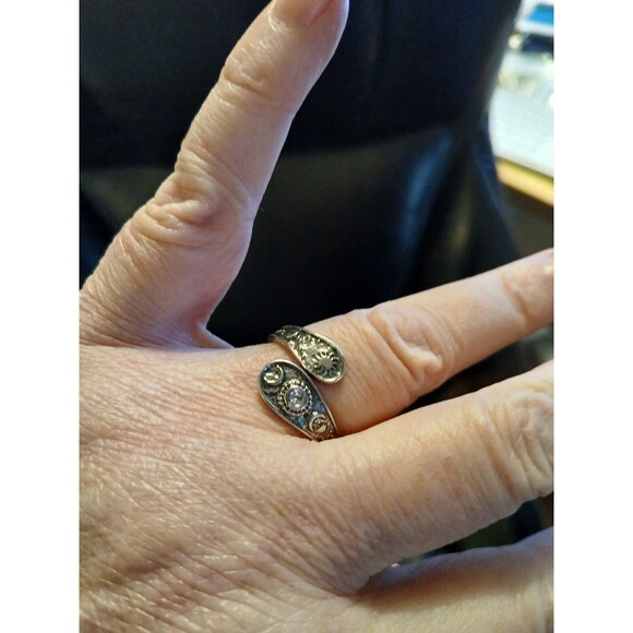 Adjustable Antique Silver Sun Moon Stone Spoon Ring Celestial - Picture 4 of 6